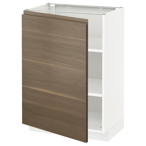 An ikea METOD kitchen cabinet in white with a dark walnut effect door, sleek design, and minimalist handles.