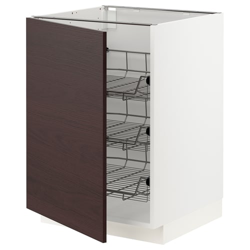 White and dark brown kitchen cabinet with pull-out wire shelves.