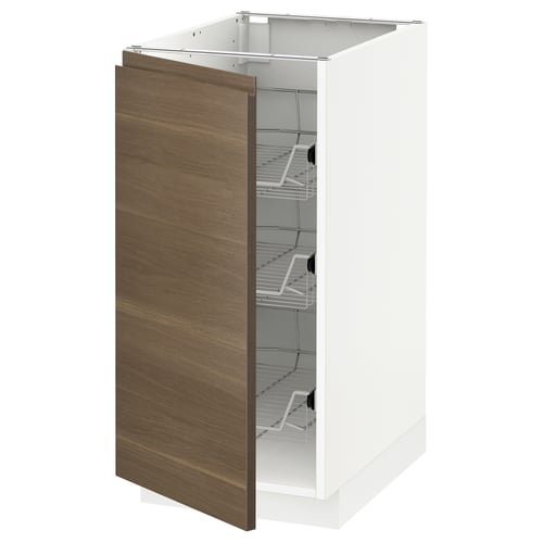 Modern kitchen cabinet, white with walnut door, wire shelves.