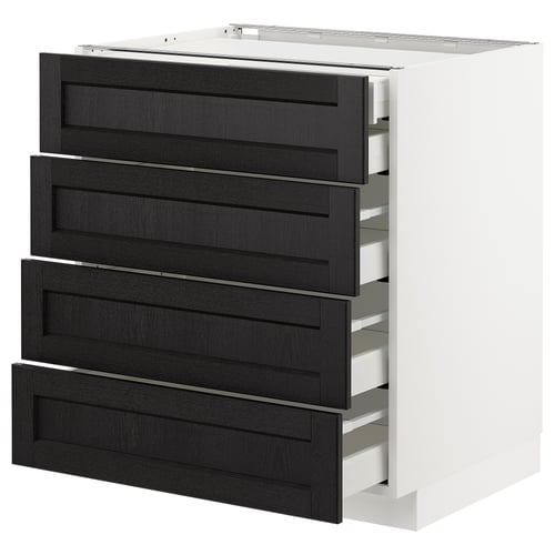 Modern white kitchen cabinet, black wood drawers, bevelled edges, five drawers, sturdy construction, stains.