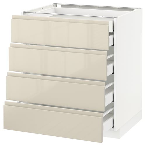 White METOD cabinet, beige drawers, modern, sleek, high-gloss finish.