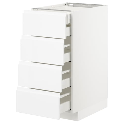 White high-gloss modern kitchen cabinet with four pull-out drawers.