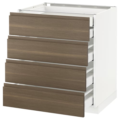 Walnut brown and white cabinet with four drawers, modern minimalist design.