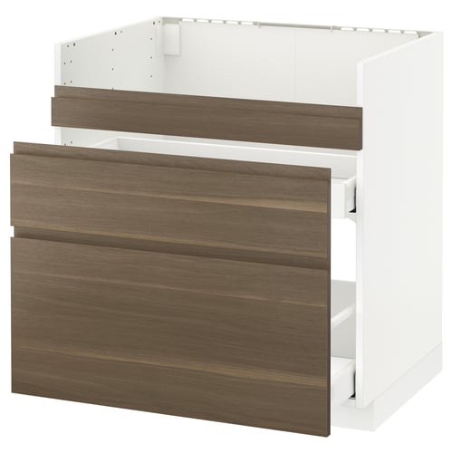 An ikea METOD kitchen unit with dark walnut effect fronts and a white frame. It has two drawers and an open shelf.