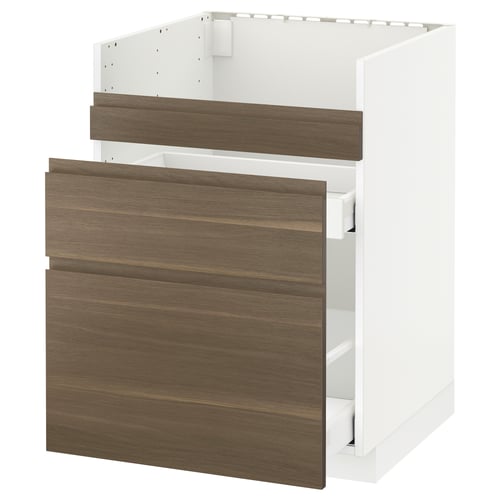 Ikea METOD kitchen: white base, dark walnut drawers.
