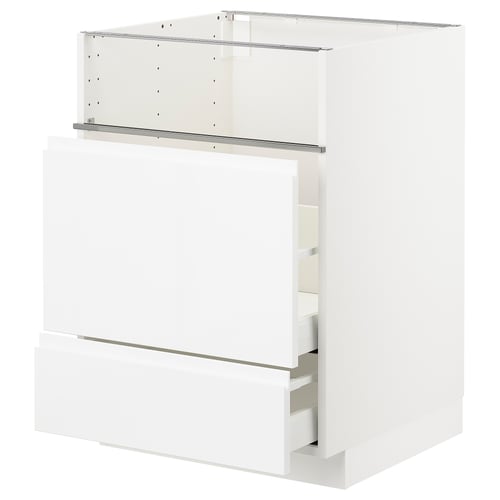 This image shows a METOD kitchen unit in high gloss white with integrated handles. Its a base cabinet with drawers and a shelf.