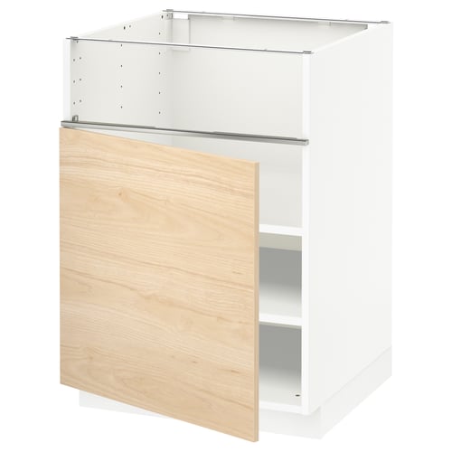 A white METOD kitchen cabinet with a light wood-patterned door. It has an open shelf and a sturdy frame.