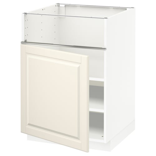 A white METOD kitchen cabinet with an off-white door featuring bevelled edges. It has a sturdy frame and adjustable shelves.