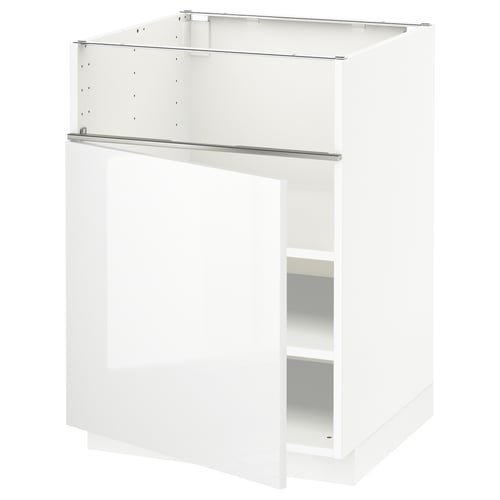 METOD white kitchen base cabinet, high gloss, rectangular, modern design, sturdy steel frame.