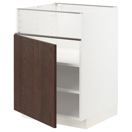 White & dark brown ikea METOD kitchen unit with shelves.