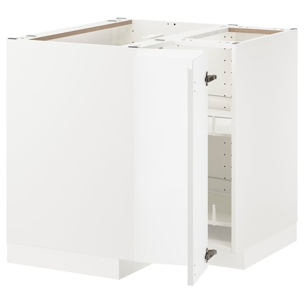 METOD Corner base cabinet with carousel, white/Voxtorp high-gloss/white, 88x88x80 cm