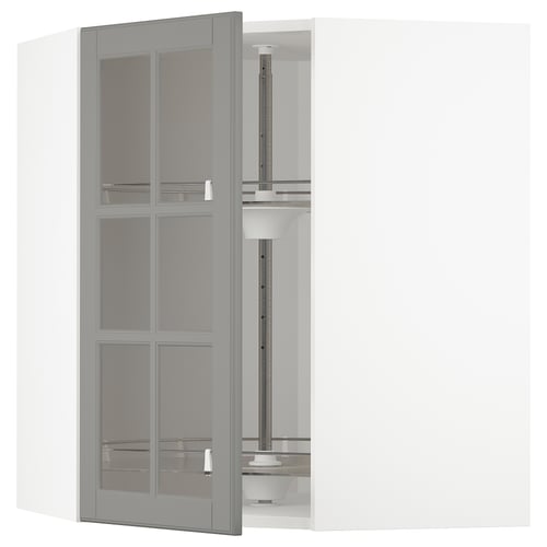 White METOD kitchen cabinet with grey glass doors, featuring a central unit and shelf, modern and adjustable design.