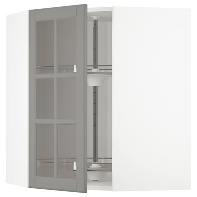 METOD Corner wall cab w carousel/glass dr, white/Bodbyn grey, 68x68x80 cm