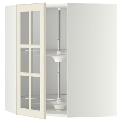 METOD Corner wall cab w carousel/glass dr, white/Bodbyn off-white, 68x68x80 cm