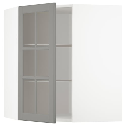 METOD kitchen cabinet, grey, with glass door featuring bevelled edges.