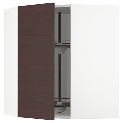 METOD Corner wall cabinet with carousel, white Askersund/dark brown ash effect, 68x68x80 cm