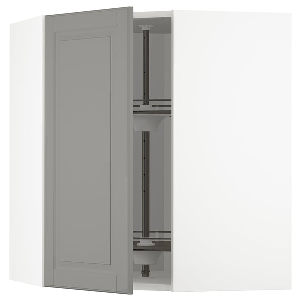 METOD Corner wall cabinet with carousel, white/Bodbyn grey, 68x68x80 cm