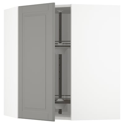 METOD Corner wall cabinet with carousel, white/Bodbyn grey, 68x68x80 cm