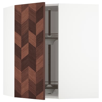 METOD Corner wall cabinet with carousel, white Hasslarp/brown patterned, 68x37x80 cm