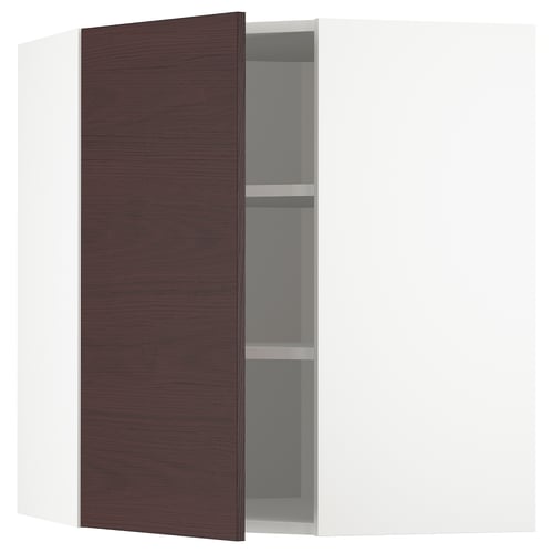 A dark brown ash wooden cabinet with two shelves inside, part of the ikea METOD kitchen system.