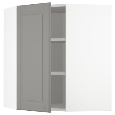 METOD Corner wall cabinet with shelves, white/Bodbyn grey, 68x68x80 cm