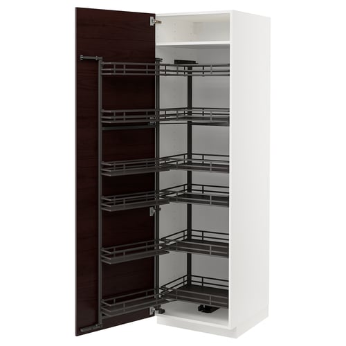 A white METOD kitchen cabinet with dark wooden doors and metal pull-out shelves.