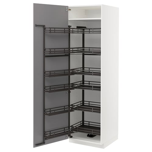 White kitchen cabinet with grey shelves, pull-out racks.
