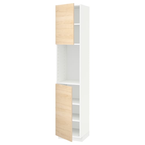 White ikea METOD kitchen cabinet with light wood, adjustable shelf, two doors.