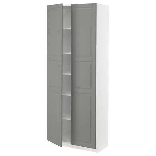 A tall, white and grey cabinet with adjustable shelves. It has a modern design with grey doors and a bevelled edge.