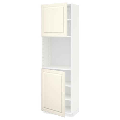 METOD kitchen unit, white, with off-white doors and bevelled edges, 2 shelves, tall rectangular shape.