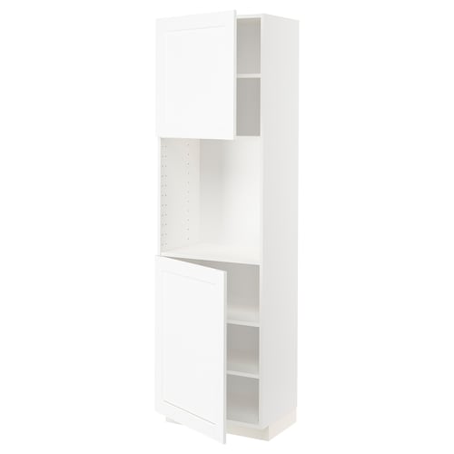 METOD white cabinet with shelf and open door, modern wood grain design.