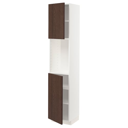 White METOD tall kitchen cabinet with dark brown doors.