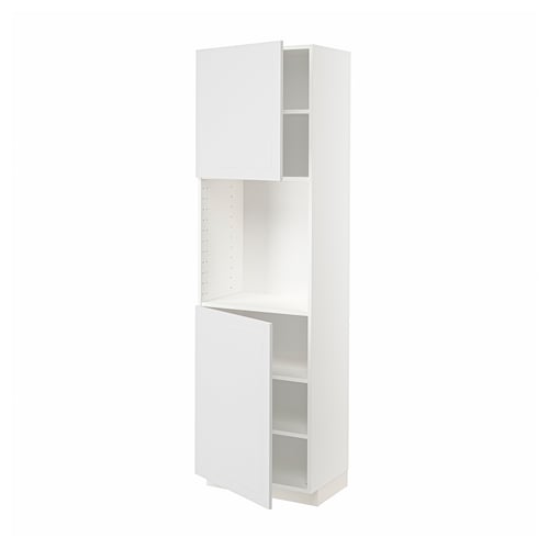 White METOD kitchen cabinet with open door and shelves.