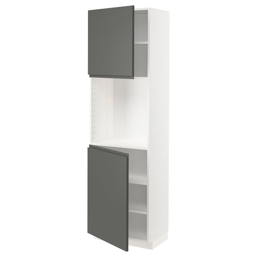 Modern kitchen unit, METOD. White cabinet, grey doors. Tall with open sections.