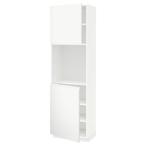 METOD white kitchen cabinet. Tall, minimalist design with open shelves and hinged door.