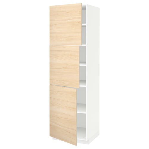 Tall white cabinet with light wood doors, adjustable shelves.
