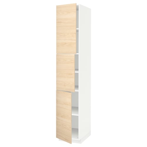 A METOD kitchen cabinet with light ash wood doors, a white frame, and adjustable shelves.