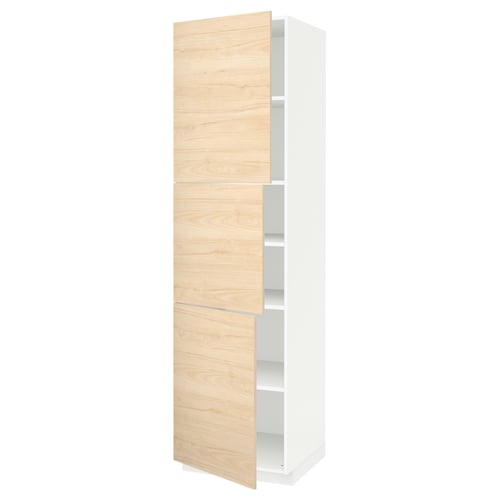 METOD modern tall storage cupboard in light ash wood and white, with three open shelves.