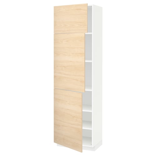 This image shows a white and beige wooden kitchen cabinet. It has multiple shelves and adjustable sections.