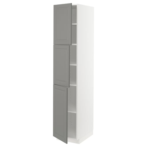 Tall white and grey kitchen cabinet with multiple shelves and adjustable compartments.