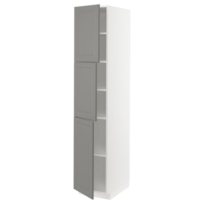 METOD High cabinet with shelves/3 doors, white/Bodbyn grey, 40x60x200 cm