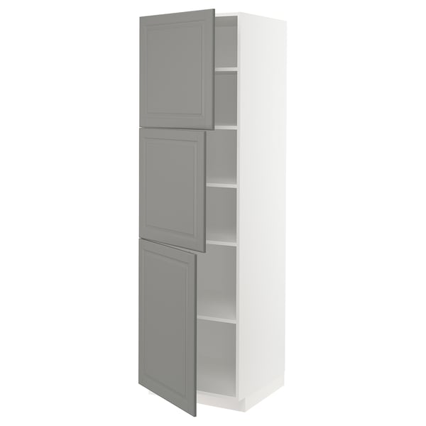 METOD High cabinet with shelves/3 doors, white/Bodbyn grey, 60x60x200 cm