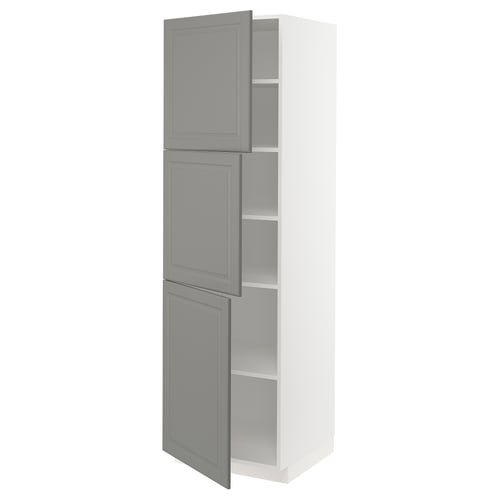 White and grey METOD kitchen cabinet, tall, grey doors, three shelves.