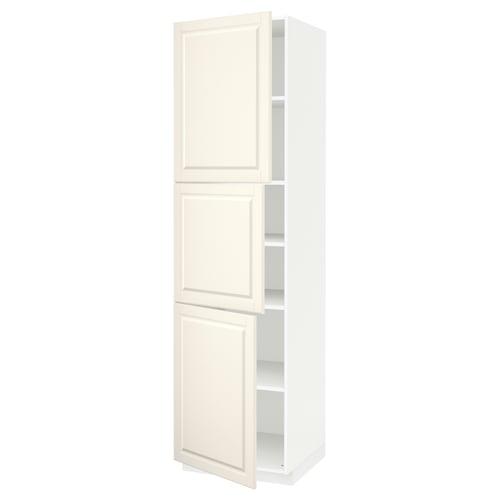 A white METOD kitchen cabinet with off-white bodbyn doors, featuring a traditional design with adjustable shelves.