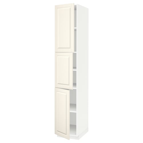 White METOD kitchen cabinet with three shelves and bevelled off-white doors.