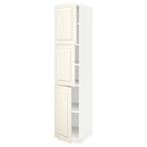 Tall white kitchen cabinet with off-white doors and bevelled edges.
