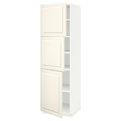 METOD tall white kitchen cabinet with off-white doors and bevelled edges, featuring three shelves.