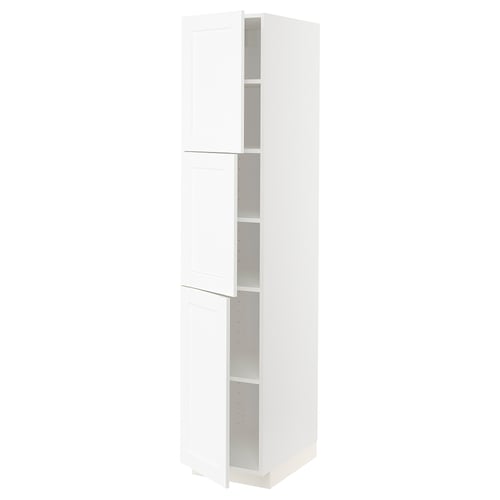 White METOD kitchen cabinet, tall, 2 doors, modern grain texture.