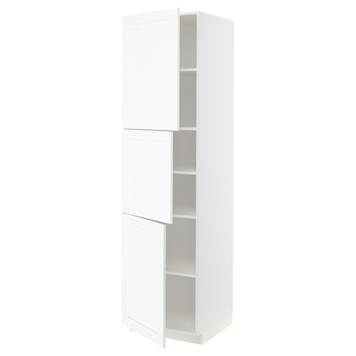 White METOD tall kitchen cabinet, three doors, two adjustable shelves, sleek modern design with subtle grain.