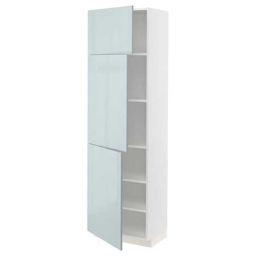 A white and blue high kitchen cabinet from the METOD system, with high-gloss grey-blue kallarp fronts.